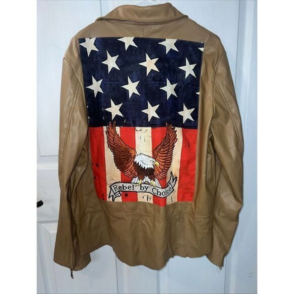 Rebel By Choice Patriotic America Polyester Faux Leather Tan Jacket Size Large